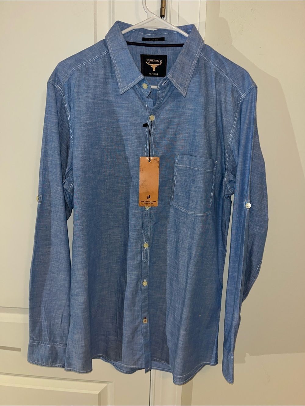 New Buffalo Blue travelers 100% cotton chambray summer convertible shirt XL Slim